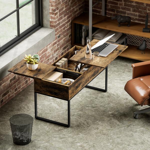 Mesa de Centro Elevatória com Bancada Deslizante Fecho Suave e Espaço Oculto de Arrumação 100x45x67 cm Castanho Rústico