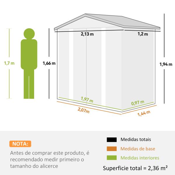 Abrigo de Jardim Exterior 2,36m² 213x120x194 cm com Base Reforçada (Piso NÃO Incluído) e Portas de Correr Madeira e Marrom