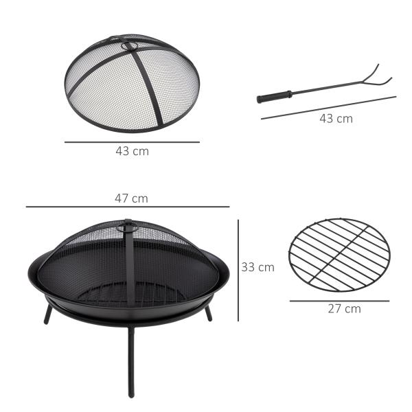 Braseiro de Exterior de Metal com Tampa Protetora de Faíscas e Atiçador para Varanda Campismo Ar Livre Ø47x33 cm Preto