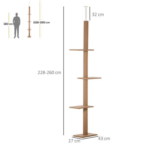 Arranhador para Gatos de Chão ao Teto Ajustável com 4 Plataformas e Poste 43x27x228 - 260 cm Castanho Claro