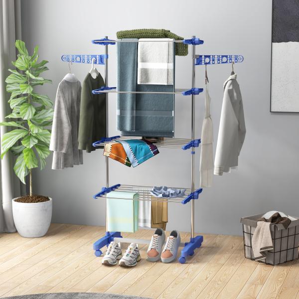 Estendal Vertical Dobrável de 4 Níveis com 6 Rodas 2 Laterais Dobráveis Prateleiras Ajustáveis 142x55x172 cm Azul