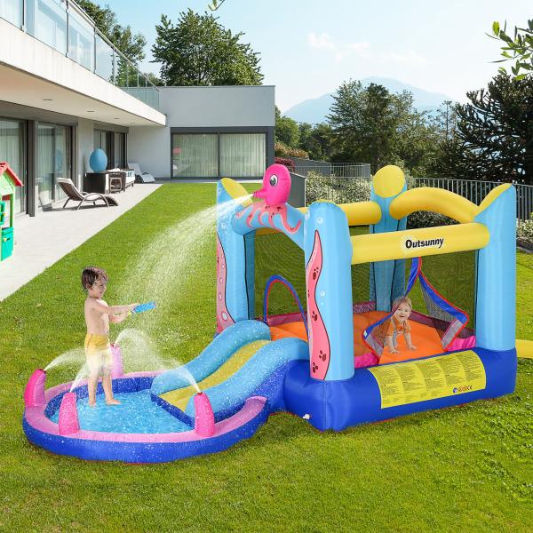 Castelo Insuflável com Escorrega Trampolim e Piscina para Crianças acima de 3 Anos Inclui Insuflador e Bolsa de Transporte para Interior e Exterior 360x175x180cm Multicor