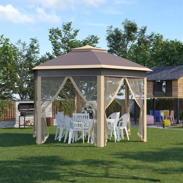 Tenda Dobrável 4,05x3,4x2,85 m Tenda de Jardim Hexagonal com 6 Mosquiteiras Amovíveis e Altura Ajustável Bege