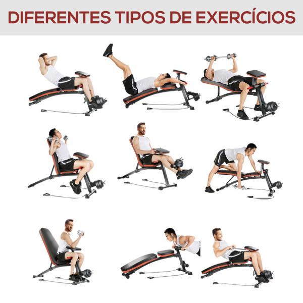 Banco de Musculação com Encosto Ajustável em 7 Posições Extensão de Pernas Apoio para Bíceps e Banda de Resistência para Treino Completo em Casa 54x160x106cm Preto e Vermelho