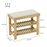 Banco Sapateira de Bambu Sapateira com Assento Almofadado 2 Prateleiras para 6 Pares de Sapatos 60x29x49 cm Madeira e Creme