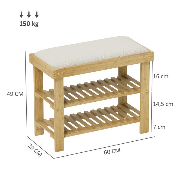 Banco Sapateira de Bambu Sapateira com Assento Almofadado 2 Prateleiras para 6 Pares de Sapatos 60x29x49 cm Madeira e Creme