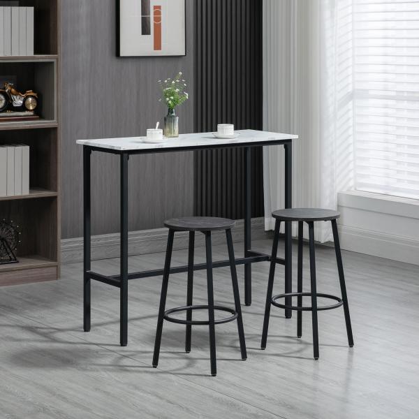 Conjunto de Mesa Alta com 2 Bancos Redondos com Estrutura de Aço Estilo Moderno para Cozinha Sala de Estar Branco e Preto