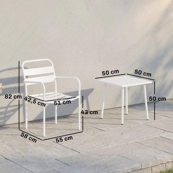 Conjunto de Jardim com 3 Peças em Aço Galvanizado com 2 Cadeiras e Mesa de Vidro Temperado Branco