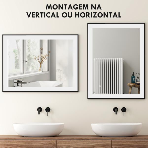 Espelho Casa de Banho com Luz LED 80x60 cm Iluminação Ajustável Função Anti - Embaciamento Função Memória Preto