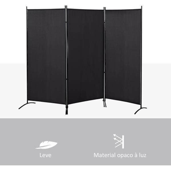 Biombo de 3 Paineis Separador de Ambientes Dobrável Biombo de Privacidade com 6 Pés de Metal 253x50x182 cm Preto