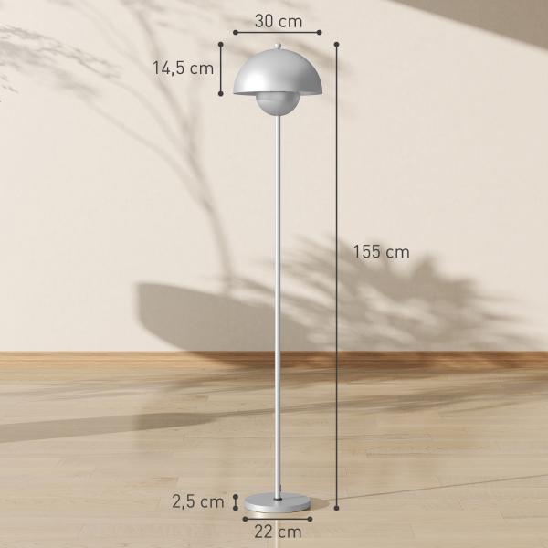 Candeeiro de Pé Moderno com Ecrã em Forma de Taça Refletora de Luz Interruptor de Pé Suporte E27 sem Lâmpada Ø35x155 cm Prata