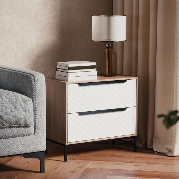 Cómoda com 2 Gavetas de Tecido Frentes com Padrão de Diamante Móvel de Arrumação 59,5x30x54 cm Madeira e Branco