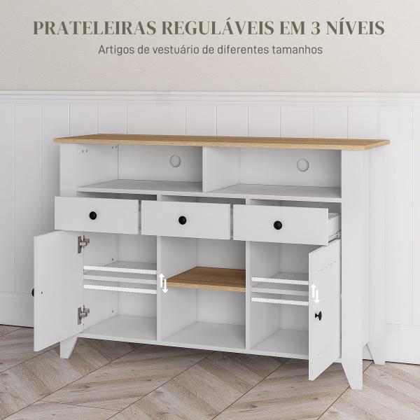Aparador de Cozinha com 3 Gavetas 2 Armários 2 Prateleiras Abertas e 2 Prateleiras Ajustáveis Estilo Moderno 120x38x81,5 cm Branco