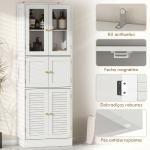 Armário de Casa de Banho Alto com Portas de Vidro Portas de Ripas e Prateleiras Ajustáveis 60x30x170 cm Branco