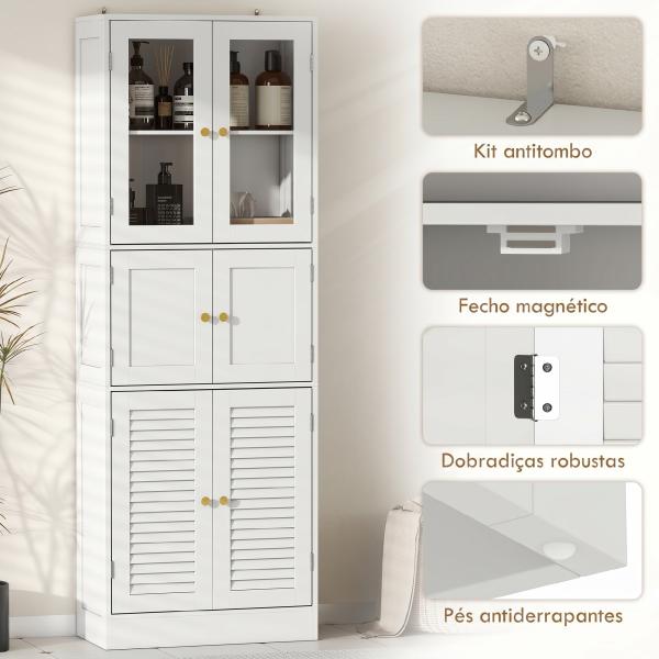 Armário de Casa de Banho Alto com Portas de Vidro Portas de Ripas e Prateleiras Ajustáveis 60x30x170 cm Branco
