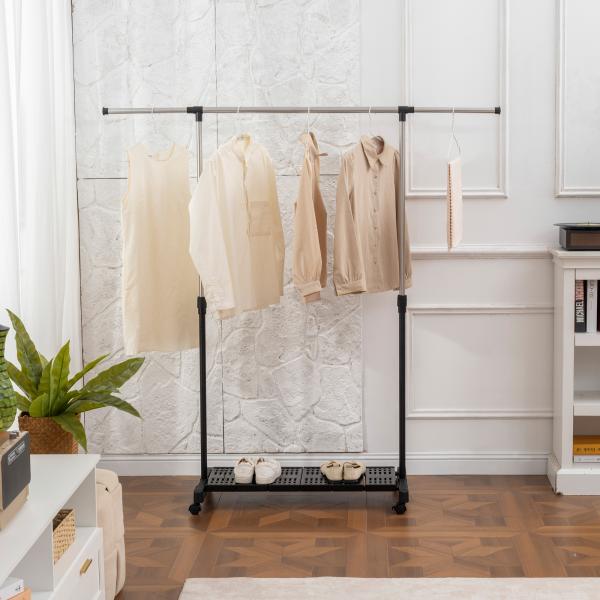 Charriot com Rodas com Barra de Aço Inoxidável e Prateleira para Sapatos Altura Ajustável 94 - 159x42x93 - 168 cm Preto