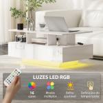 Mesa de Centro Moderna com LED 4 Gavetas Prateleira Aberta e Luzes LED de 16 Cores 90x55x41 cm Branco Brilhante