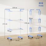 Estendal Dobrável para Roupa com Rodas Estendal Vertical de Aço com 3 Níveis Laterais Dobráveis 73x64x177cm Azul e Branco