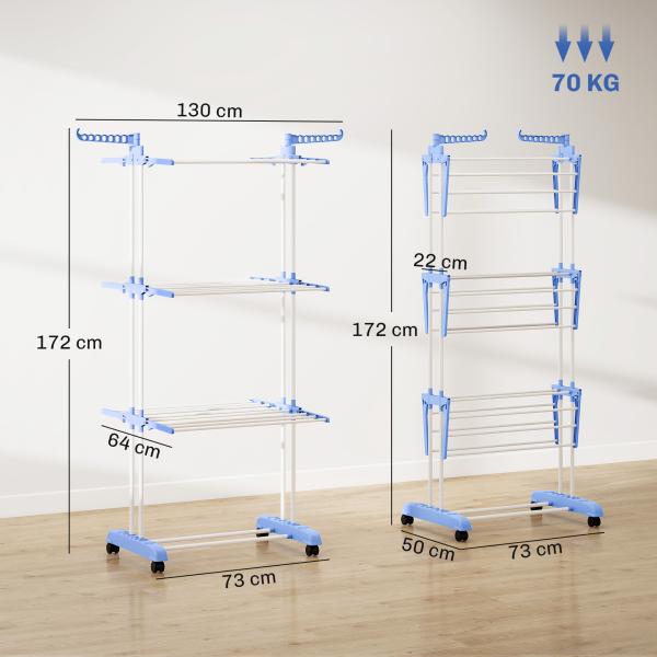 Estendal Dobrável para Roupa com Rodas Estendal Vertical de Aço com 3 Níveis Laterais Dobráveis 73x64x177cm Azul e Branco