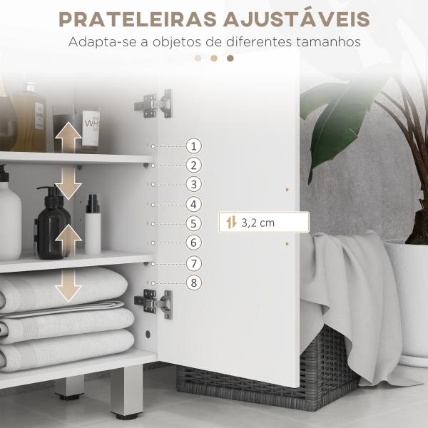 Móvel Auxiliar Casa de Banho 2 Gavetas e Armário Prateleiras Ajustáveis 60x30x93 cm Branco