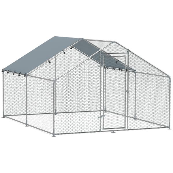 Galinheiro para Exterior 3x3,4x1,9 m Galinheiro de Aço Galvanizado com Cobertura Anti - UV Gaiola para 10 - 15 Galinhas Prata