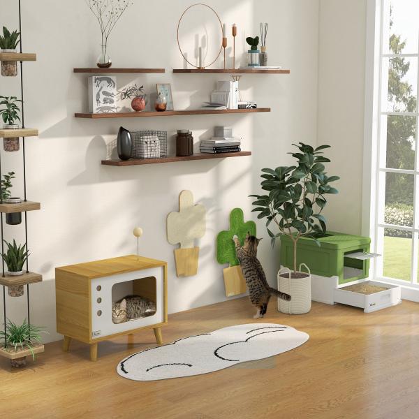 Mesa Auxiliar Casa para Gatos Estilo Televisor com Almofada Suave Lavável Bola e Pés Elevados 50x28x43cm Carvalho