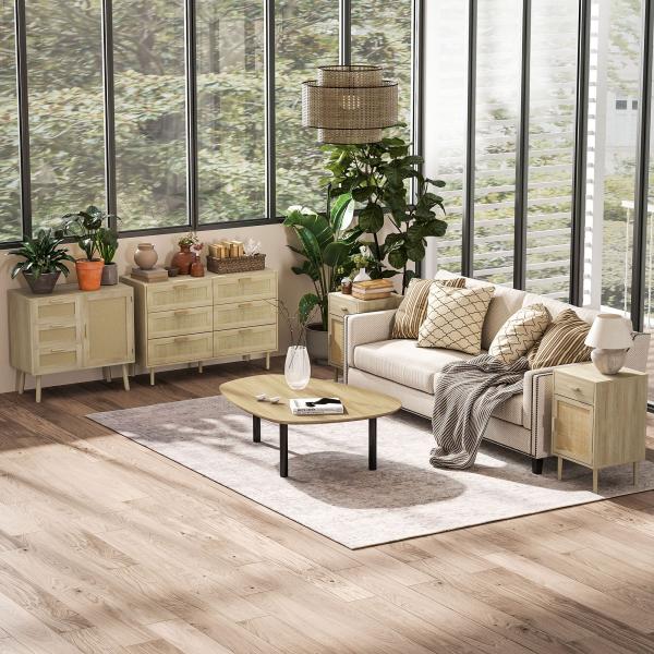 Conjunto de 2 Mesas de Cabeceira com Gaveta de Vime e Prateleira Ajustável para Quarto Sala 40x40x68,5 cm Carvalho