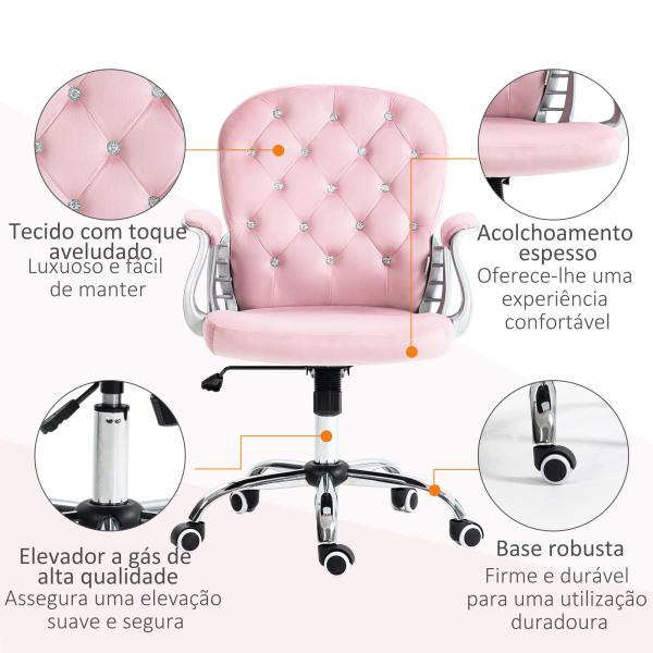 Cadeira de Escritório Estofada em Veludo Cadeira Giratória com Altura Ajustável e Decorações de Cristal 59,5x60,5x103 cm Rosa