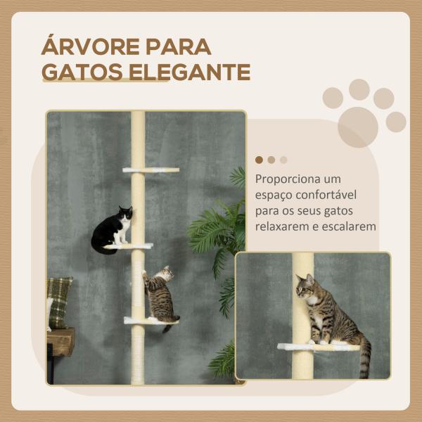 Árvore para Gatos do Chão ao Teto com Altura Ajustável 3 Plataformas Poste de Sisal e Bola para Brincar 47x34x220 - 260cm Creme