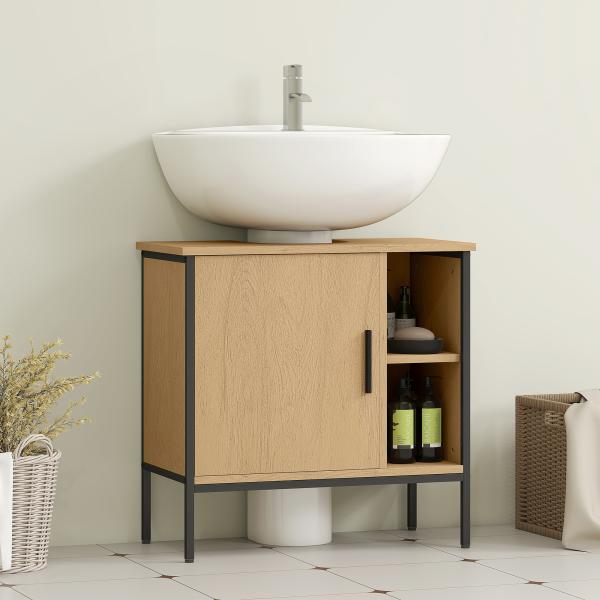 Móvel para Lavatório Pousar Móvel de Casa de Banho com Porta e Prateleira Ajustável para Lavatório com Pedestal 60x30x59,5 cm Madeira e Preto