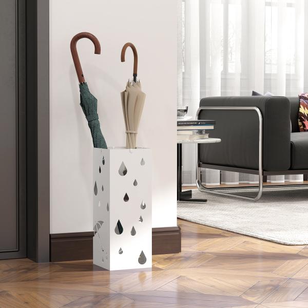 Suporte para Guarda - Chuvas com 4 Ganchos e Bandeja de Gotejamento Amovível Porta Guarda - Chuvas 15,5x15,5x41 cm Branco