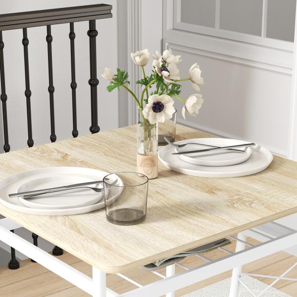 Conjunto de Refeição de 3 Peças Conjunto 1 Mesa 70x70x75 cm e 2 Cadeiras 40x50x80 cm com Prateleira de Armazenamento Branco e Madeira
