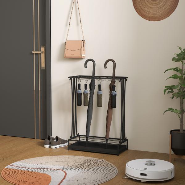 Suporte para Guarda - Chuva Moderno Retangular com 24 Ganchos 21 Espaços e Bandeja Recolhedora de Gotas 50x24x68 cm Preto