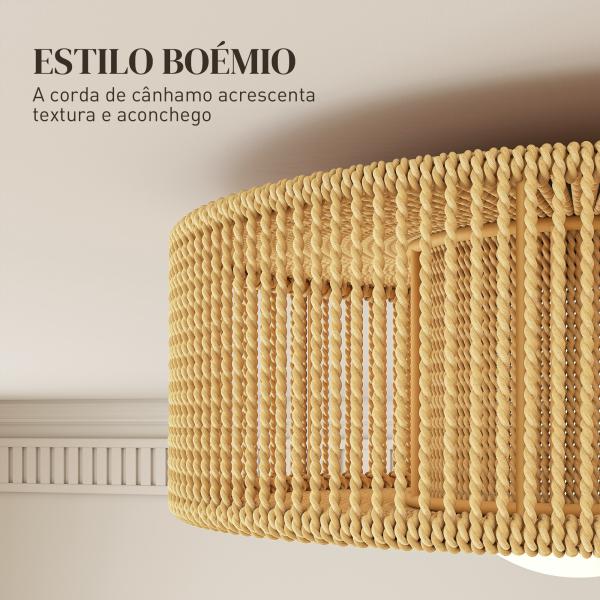 Candeeiro de Teto com Lâmpada LED G9 20W 3000 K Candeeiro de Teto Boémio com Ecrã de Corda de Linho Ø30x16 cm Castanho Claro