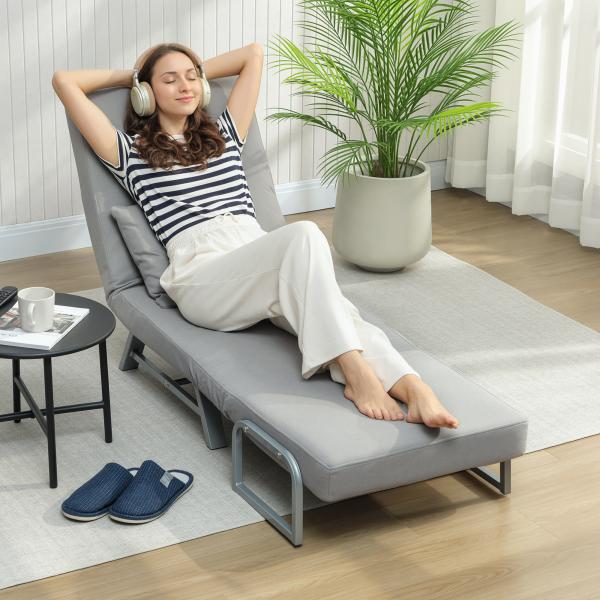 Sofá Cama Dobrável Estofado em Linho Sintético com Encosto Ajustável em 5 Níveis e Almofada Acolchoada 73x78x81 cm Cinzento Claro