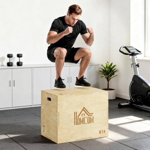 Caixa Pliometria de Madeira Caixa de Saltos com 2 Alças Recortadas Carga Máxima 120 kg 61x51x73 cm Madeira