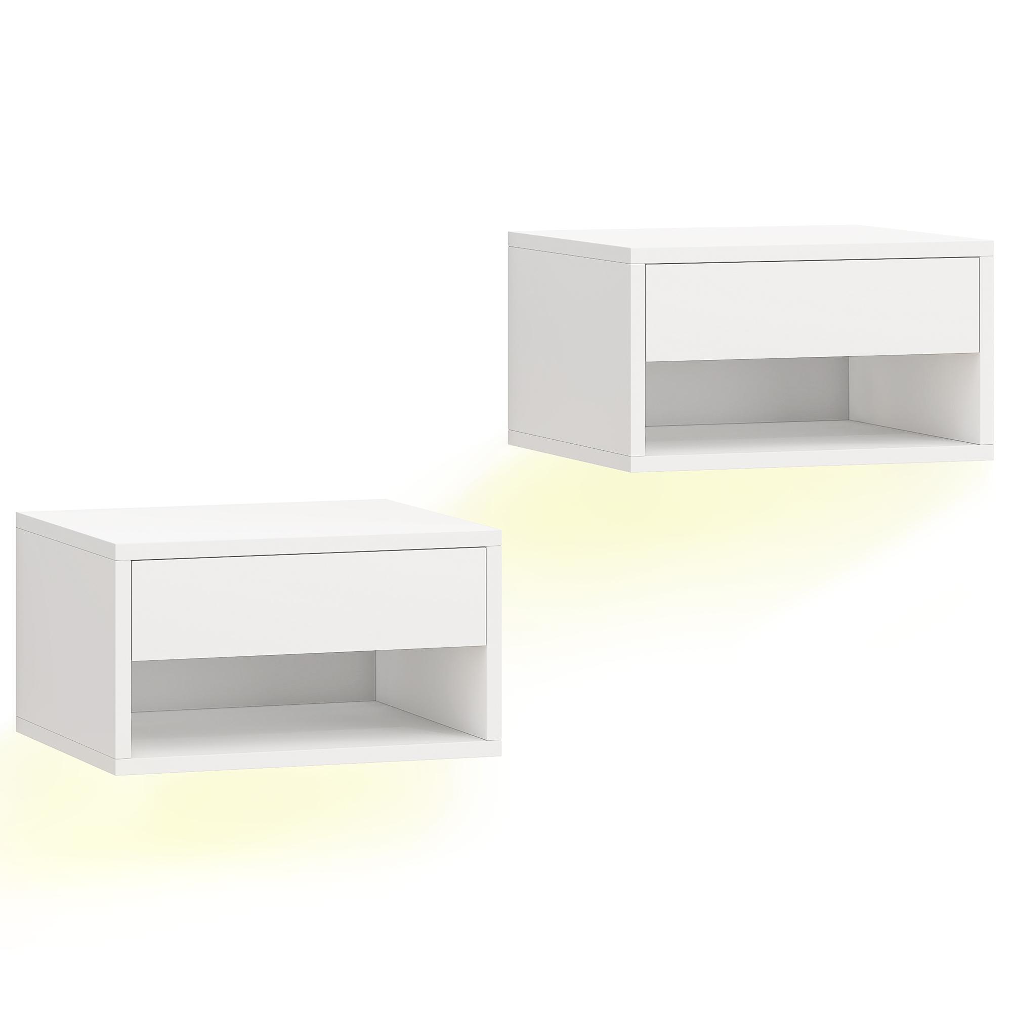 Conjunto de 2 Mesas de Cabeceira Flutuantes com Luzes LED RGB Controlo por APP e Prateleira Aberta 37x32x21 cm Branco