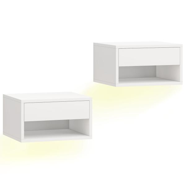Conjunto de 2 Mesas de Cabeceira Flutuantes com Luzes LED RGB Controlo por APP e Prateleira Aberta 37x32x21 cm Branco