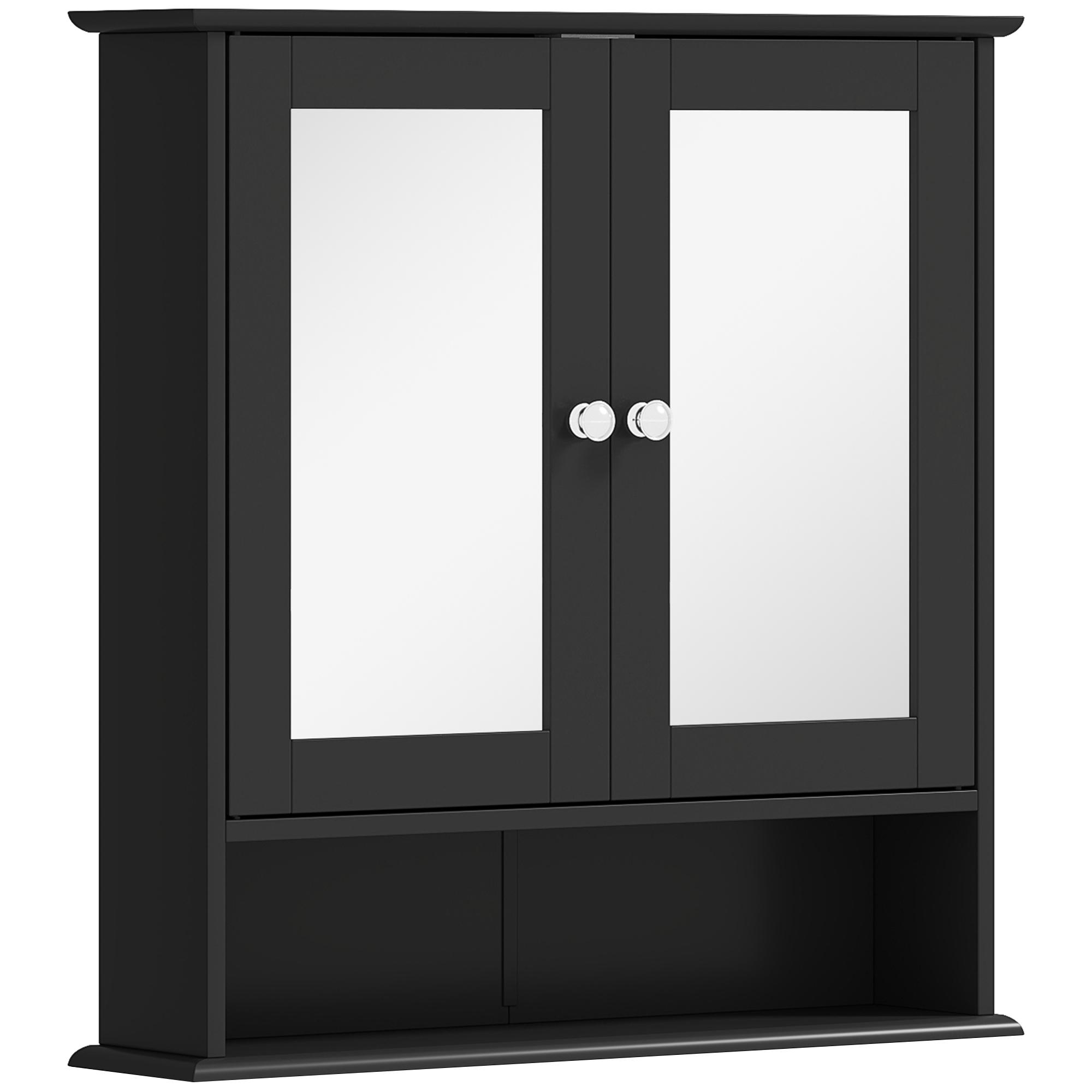 Armário de Casa de Banho com Espelho Armário de Parede com 2 Portas Prateleira Aberta e Ajustável 56x13x58cm Preto