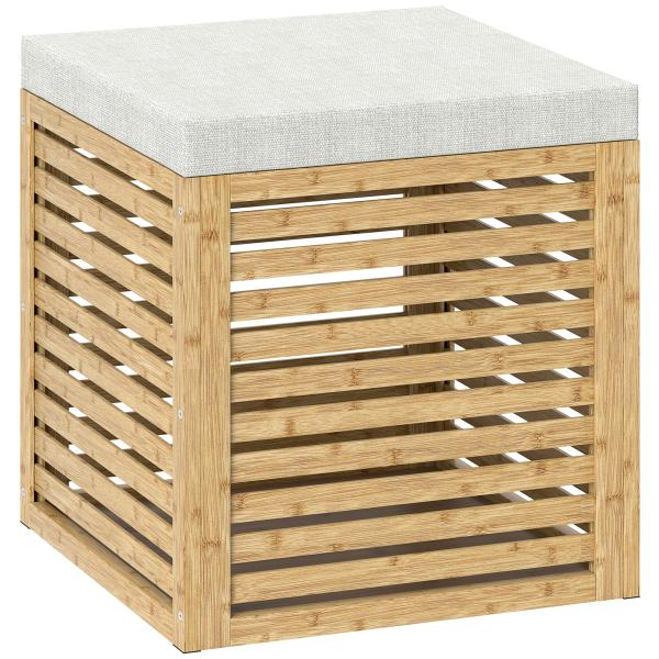 Banco com Armazenamento 57,7L Banco com Arrumação Estofado em Linho Sintético com Estrutura em Bambu 40x40x47 cm Cinza e Madeira