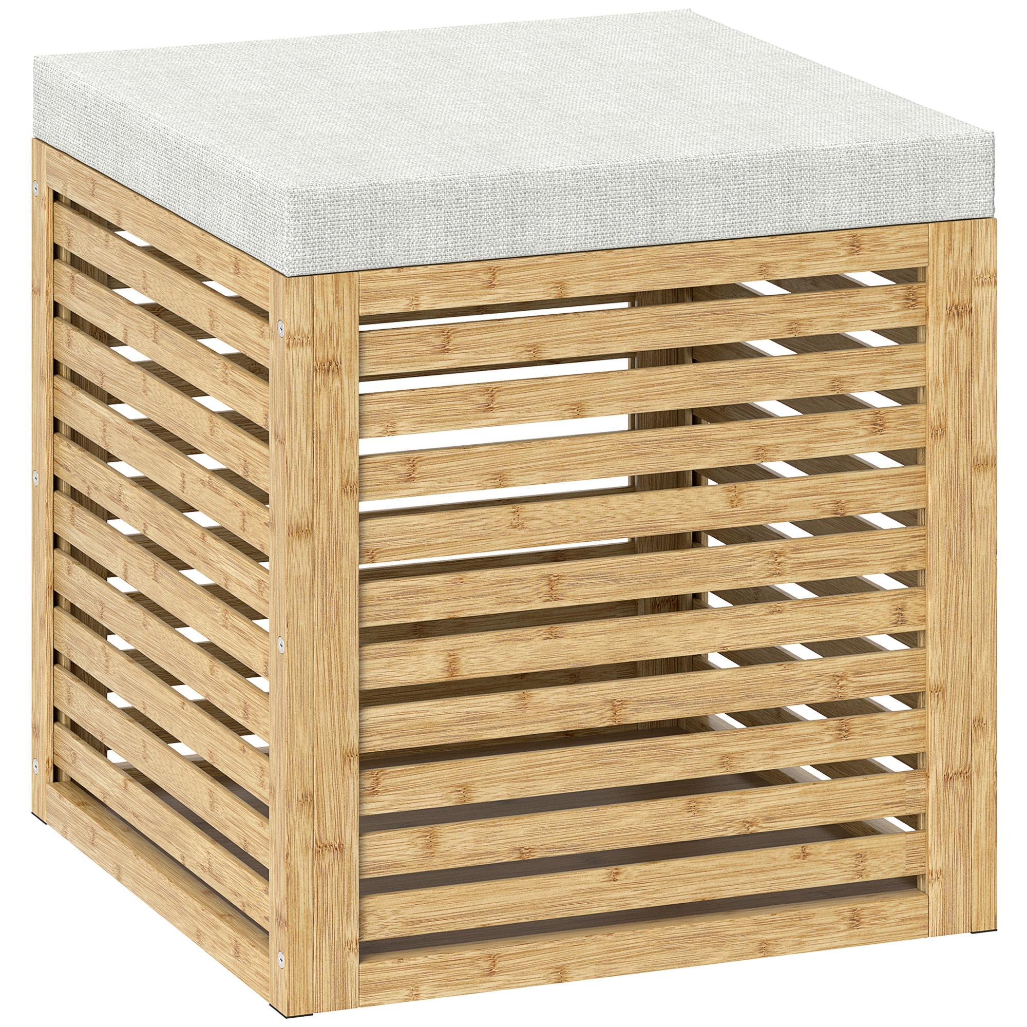 Banco com Armazenamento 57,7L Banco com Arrumação Estofado em Linho Sintético com Estrutura em Bambu 40x40x47 cm Cinza e Madeira