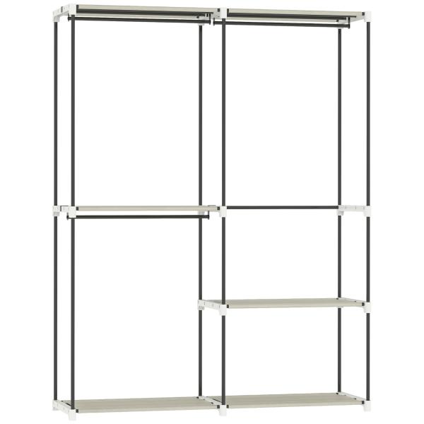 Armário de Roupa Aberto 142x43x185 cm Armário para Roupas com 4 Prateleiras de Tecido 3 Barras para Pendurar Creme