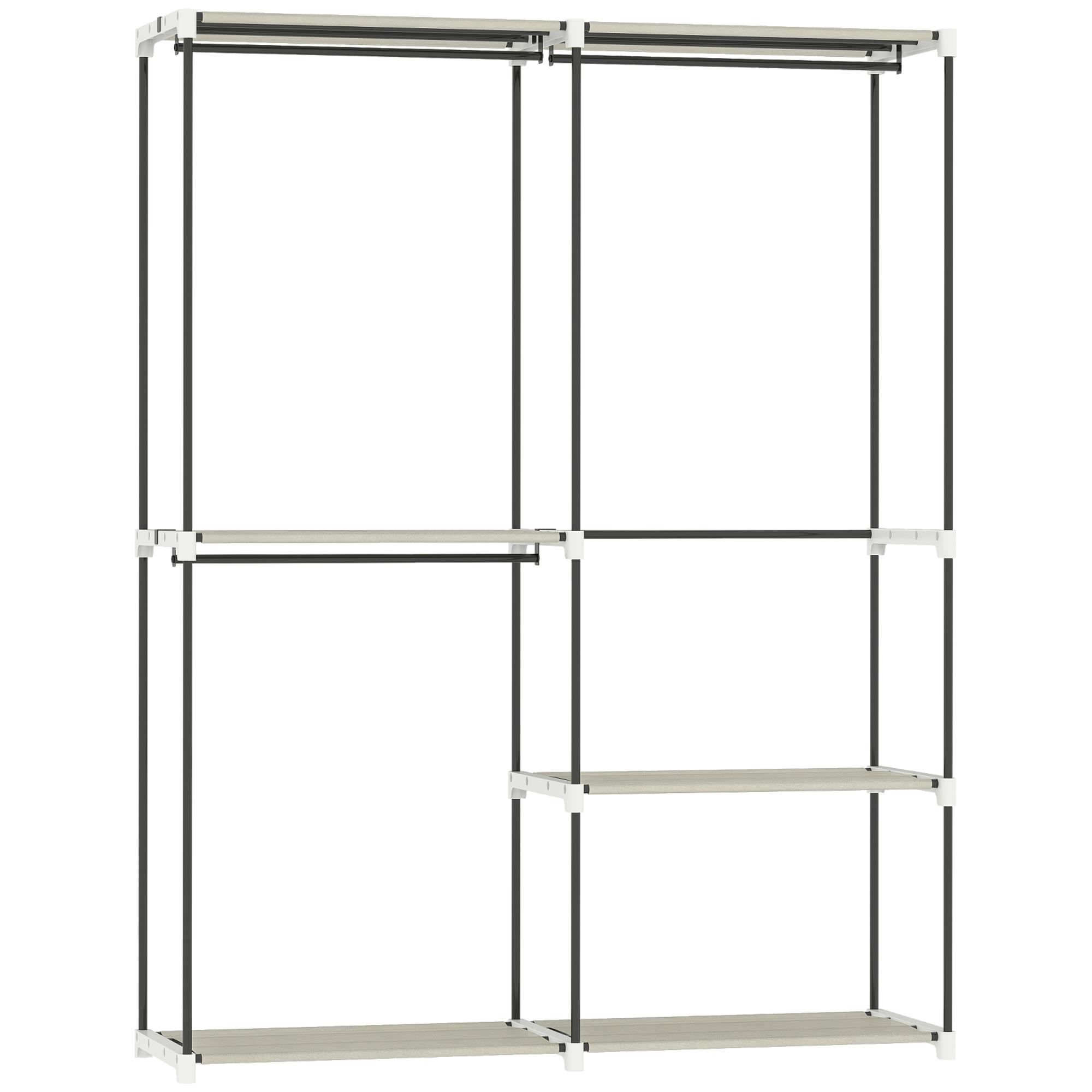 Armário de Roupa Aberto 142x43x185 cm Armário para Roupas com 4 Prateleiras de Tecido 3 Barras para Pendurar Creme