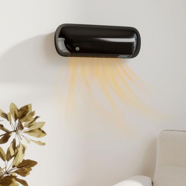 Aquecedor Elétrico de Parede 2000 W com 3 Modos, Ecrã LED, Termóstato, Temporizador e Oscilação, Preto