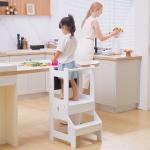 Torre de Aprendizagem para Crianças 3 - 6 Anos de Madeira Torre de Aprendizagem Infantil Convertível em Secretária com Ardósia e Barra de Segurança para Casa de Banho Cozinha 42x44x86cm Branco