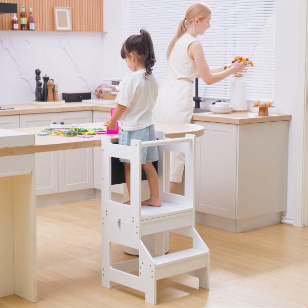 Torre de Aprendizagem para Crianças 3 - 6 Anos de Madeira Torre de Aprendizagem Infantil Convertível em Secretária com Ardósia e Barra de Segurança para Casa de Banho Cozinha 42x44x86cm Branco