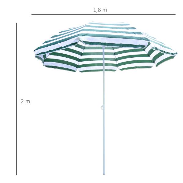 Chapéu de Sol de Praia Ø180cm com Teto Inclinável e Mastro de Metal Proteção Solar para Jardim Terraço Exterior Listras Verdes e Branco