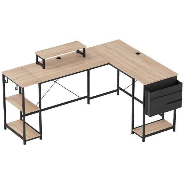 Secretária de Canto Reversível em L 168 - 240 cm Industrial com Suporte para Monitor e CPU, Prateleiras e Bolsa Lateral, Natural