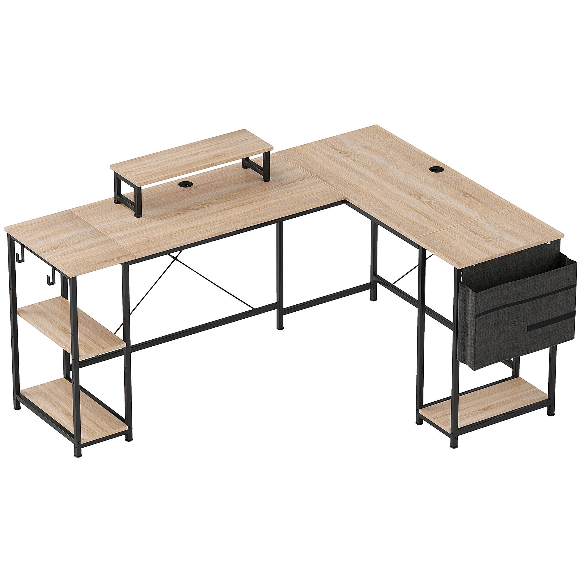 Secretária de Canto Reversível em L 168 - 240 cm Industrial com Suporte para Monitor e CPU, Prateleiras e Bolsa Lateral, Natural