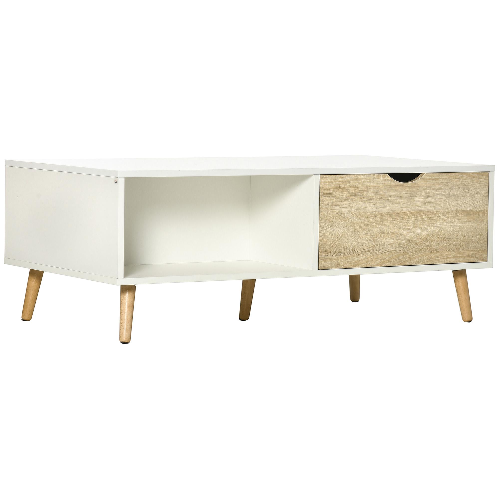 Mesa de Centro Retangular com 2 Gavetas e Compartimentos Abertos Estilo Nórdico 106x58x39,5cm Branco e Madeira